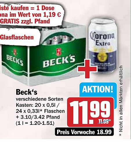 Beck's Kasten mit Gratis-Dose Corona