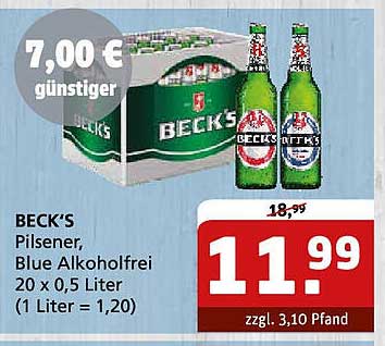 BECK'S Pilsener, Blue Alkoholfrei 20 x 0,5 Liter