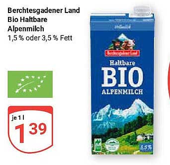 Berchtesgadener Land Bio Haltbare Alpenmilch 1,5 % oder 3,5 % Fett