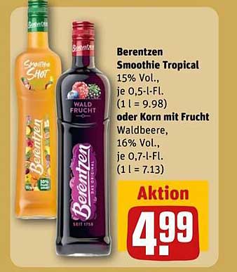 Berentzen Smoothie Tropical 15% Vol. oder Korn mit Frucht Waldbeere 16% Vol.