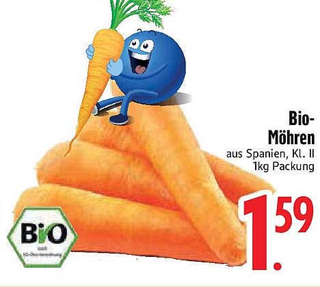 Bio-Möhren aus Spanien, Kl. II, 1kg Packung