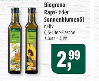 Biogreno Raps- oder Sonnenblumenöl nativ 0,5-Liter-Flasche