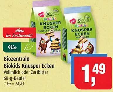 Biozentrale Biokids Knusper Ecken Vollmilch oder Zartbitter 60-g-Beutel