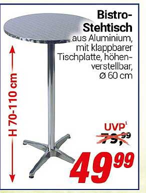 Bistro-Stehtisch aus Aluminium, mit klappbarer Tischplatte, höhenverstellbar, Ø 60 cm