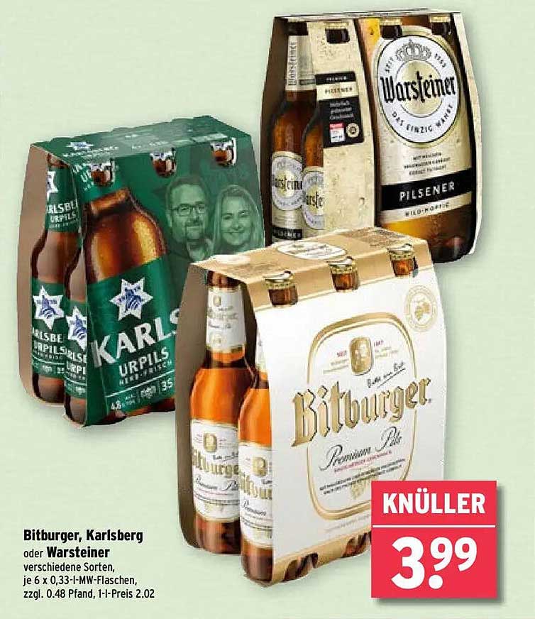 Bitburger, Karlsberg oder Warsteiner – 6 x 0,33l-MW-Flaschen