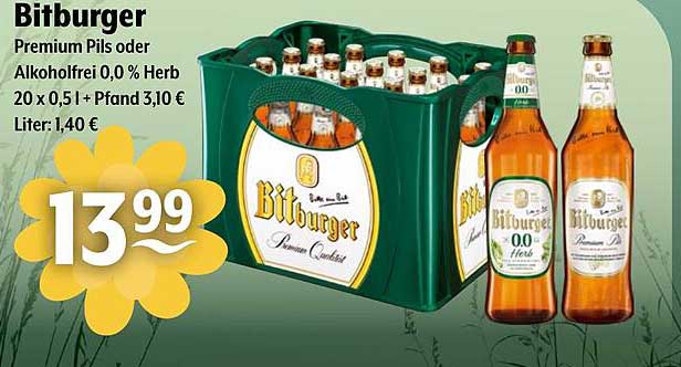 Bitburger Premium Pils oder Alkohol­frei 0,0 % Herb 20 x 0,5 l + Pfand 3,10 €