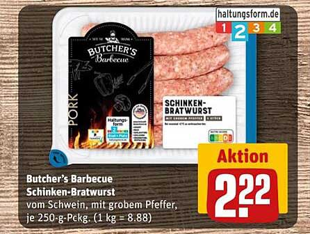 Butcher's Barbecue Schinken-Bratwurst, vom Schwein, mit grobem Pfeffer, je 250-g-Packung