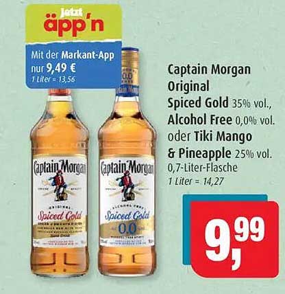 Captain Morgan Original Spiced Gold 35% vol., Alkohol Free 0,0% vol. oder Tiki Mango & Pineapple 25% vol.