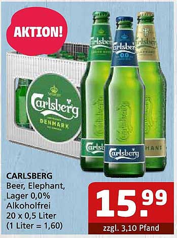 CARLSBERG Bier, Elephant, Lager 0,0% Alkoholfrei, 20 x 0,5 Liter
