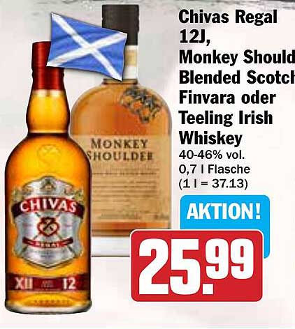 Chivas Regal 12J, Monkey Shouldered Blended Scotch, Finvara oder Teeling Irish Whiskey