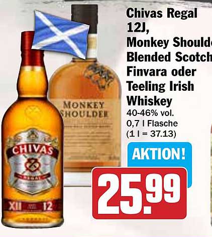 Chivas Regal 12J, Monkey Shoulders Blended Scotch, Finvara oder Teeling Irish Whiskey