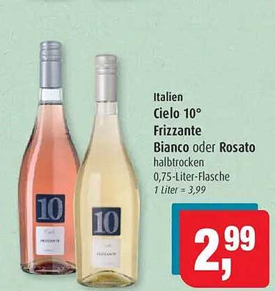 Cielo 10° Frizzante Bianco oder Rosato halbtrocken 0,75-Liter-Flasche