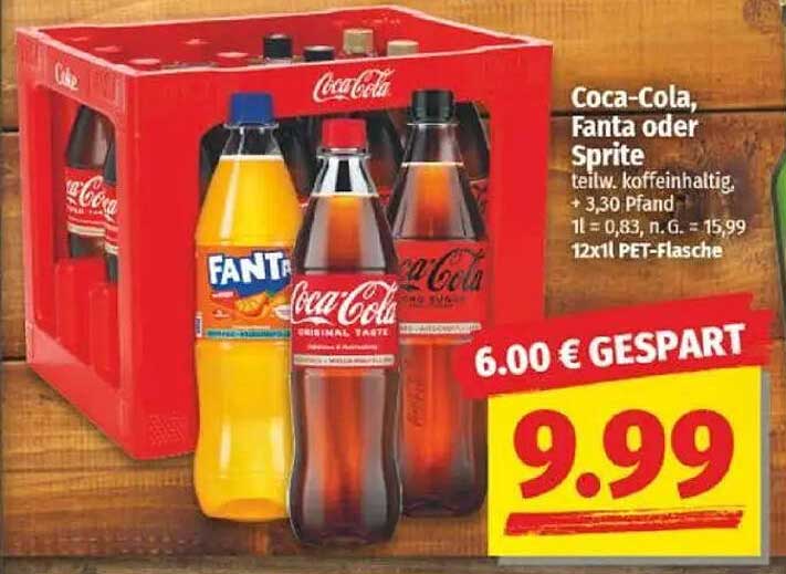 Coca-Cola, Fanta oder Sprite 12 x 1L PET-Flasche für nur 9,99 €
