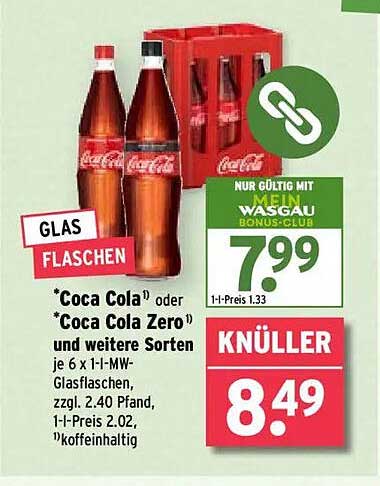 *Coca Cola* oder *Coca Cola Zero* 6 x 1,1-MW-Glasflaschen