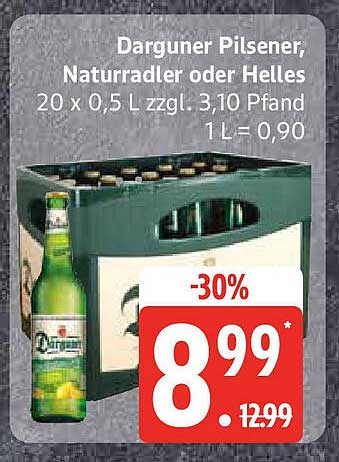 Darguner Pilsener, Natur Radler oder Helles 20 x 0,5 L zzgl. 3,10 Pfand