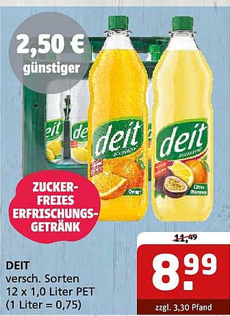 DEIT ZUCKER-FREIES ERFRISCHUNGSGETRÄNK 12 x 1,0 Liter PET