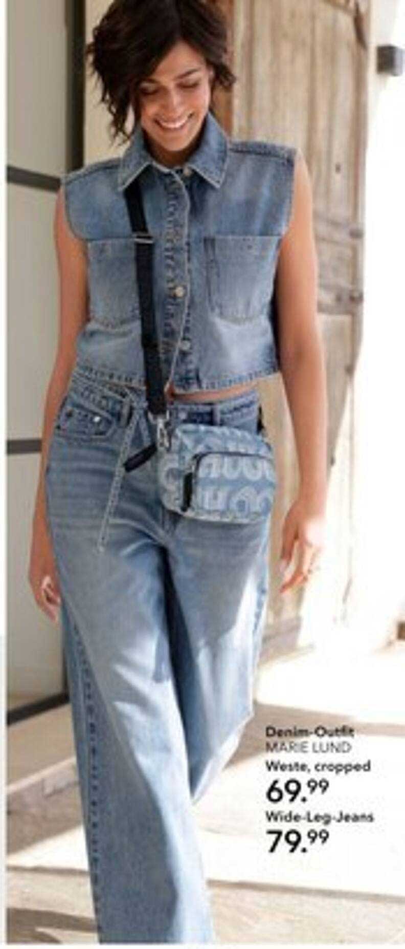 Denim-Outfit MARIE LUND: Weste, cropped und Wide-Leg-Jeans