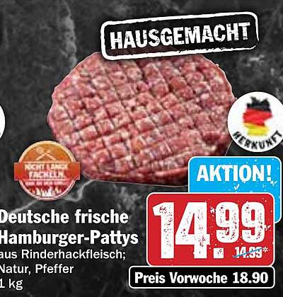 Deutsche frische Hamburger-Pattys aus Rinderhackfleisch; Natur, Pfeffer