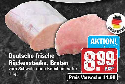 Deutsche frische Rückensteaks, Braten vom Schwein ohne Knochen, natur 1 kg
