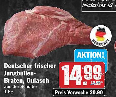 Deutscher frischer Jungbullen-Braten, Gulasch aus der Schulter 1 kg