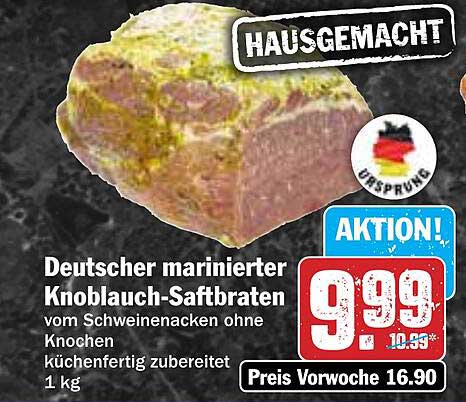 Deutscher marinierter Knoblauch-Saftbraten vom Schweinenacken ohne Knochen, küchenfertig zubereitet – 1 kg
