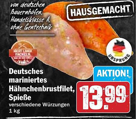 Deutsches mariniertes Hähnchenbrustfilet, Spieße 1 kg - Aktionspreis!