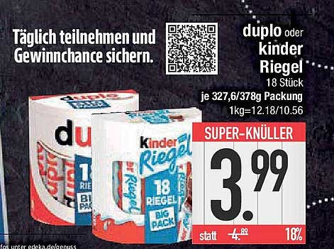 duplo oder Kinder Riegel 18 Stück je 327,6/378g Packung