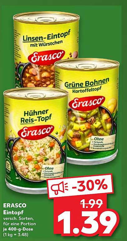 ERASCO Eintopf - Linsen-, Hühnerrisstoftopf und Grüne Bohnen in der Dose