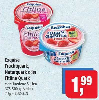 Exquisa Fruchtquark, Naturquark oder Fitline Quark verschiedene Sorten 375-500-g-Becher für 1,99 €