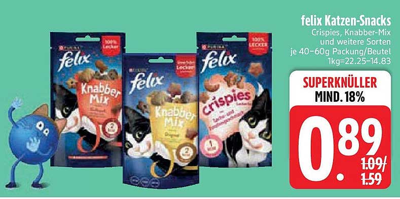 felix Katzen-Snacks Crispy, Knabber-Mix und weitere Sorten je 40-60g Packung/Beutel