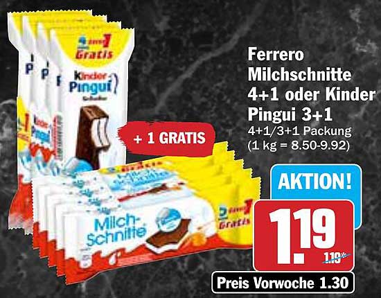 Ferrero Milchsnitte 4+1 oder Kinder Pingui 3+1