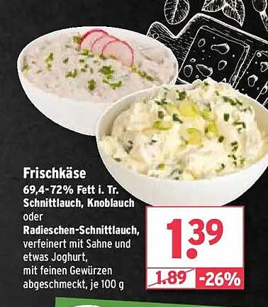 Frischkäse 69,4-72% Fett i. Tr. Schnittlauch, Knoblauch oder Radieschen-Schnittlauch, verfeinert mit Sahne und etwas Joghurt, mit feinen Gewürzen abgeschmeckt, je 100 g
