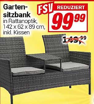 Garten-Sitzbank in Rattanoptik, 142 x 62 x 89 cm, inkl. Kissen