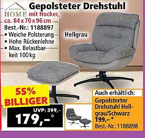 Gepolsterter Drehstuhl mit Hocker in Hellgrau