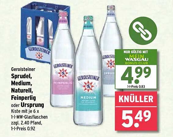 Gerolsteiner Sprudel, Medium, Naturell, Feinperlig oder Ursprung - Kiste mit je 6 x 1l-MW-Glasflaschen