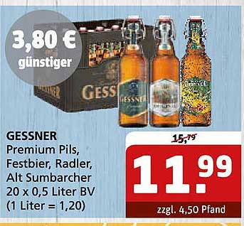 GESSNER Premium Pils, Festbier, Radler, Alt Sumbarcher 20 x 0,5 Liter BV