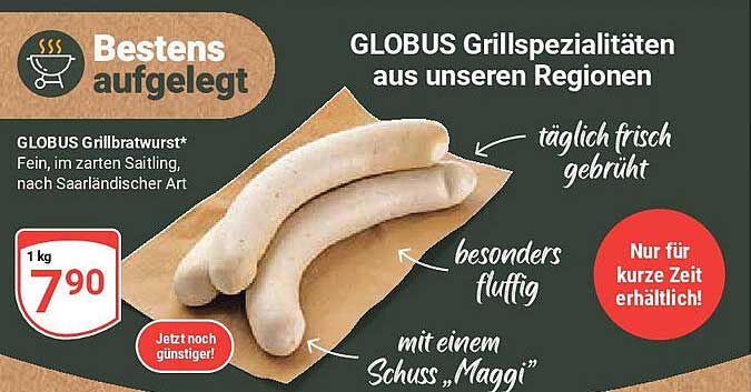 GLOBUS Grillbratwurst – Fein, im zarten Saitling, nach saarländischer Art