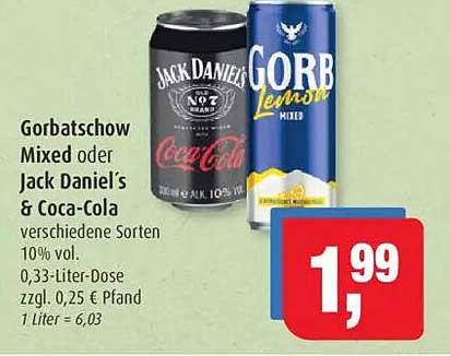 Gorbatschow Mixed oder Jack Daniel's & Coca-Cola verschiedene Sorten 10% vol.