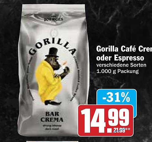 Gorilla Café Crema oder Espresso – verschiedene Sorten 1.000 g Packung
