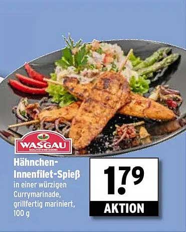 Hähnchen-Innenfilet-Spieß in einer würzigen Currymarinade, grillfertig mariniert, 100 g