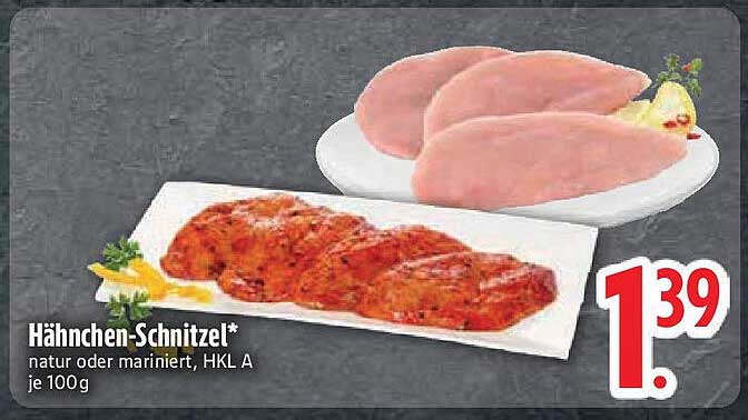 Hähnchen-Schnitzel natur oder mariniert, HKL A je 100 g