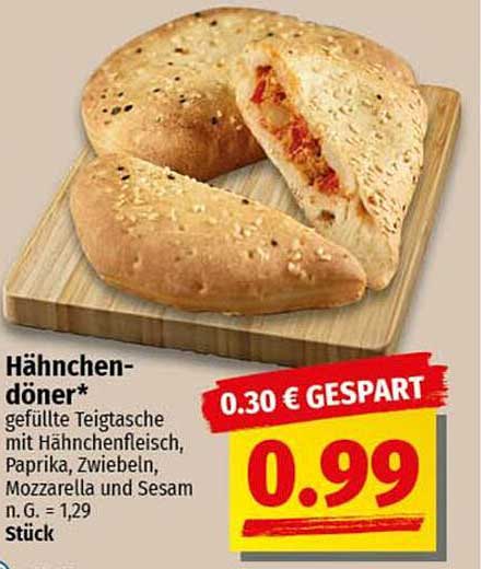 Hähnchendöner* gefüllte Teigtasche mit Hähnchenfleisch, Paprika, Zwiebeln, Mozzarella und Sesam