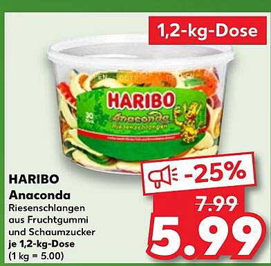 HARIBO Anaconda Riesenschlangen aus Fruchtgummi und Schaumzucker 1,2-kg-Dose