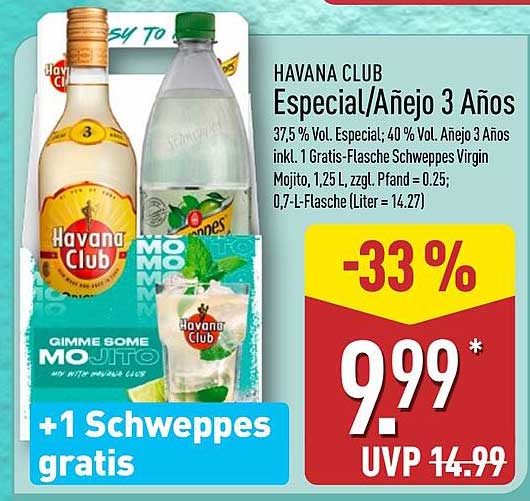 HAVANA CLUB Especial/Añejo 3 Años inkl. 1 Gratis-Flasche Schweppes