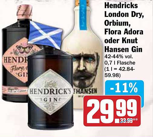 Hendricks London Dry, Orbium, Flora Adora oder Knut Hansen Gin - 0,7 l Flasche zum Sonderpreis