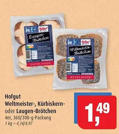 Hofgut Weltmeister-, Kürbiskern- oder Laugen-Brötchen 4er, 360/300-g-Packung