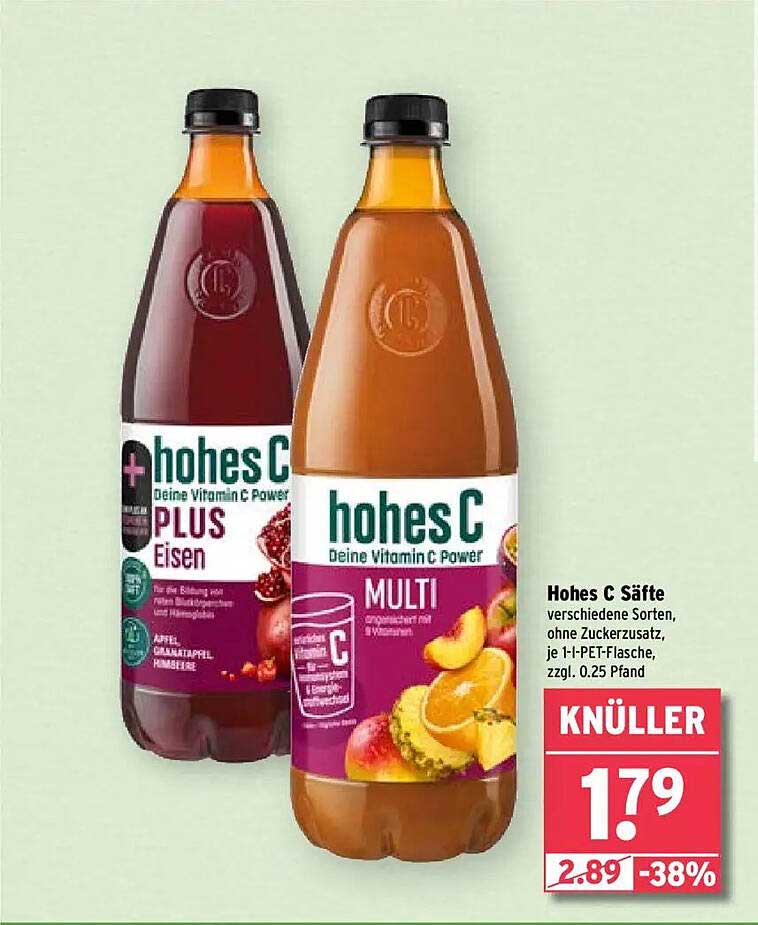 Hohes C Säfte verschiedene Sorten, ohne Zuckerzusatz, je 1-L-PET-Flasche, zzgl. 0,25 Pfand