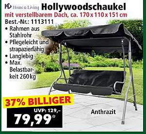 Hollywoodschaukel mit verstellbarem Dach, ca. 170 x 110 x 151 cm