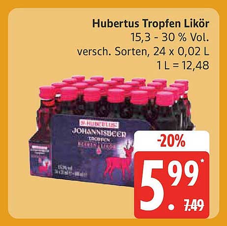 Hubertus Tropfen Likör 15,3 % - 30 % Vol., verschiedene Sorten, 24 x 0,02 L