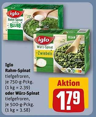 Iglo Rahm-Spinat oder Würz-Spinat, tiefgefroren, je 750-g- bzw. 500-g-Pckg.